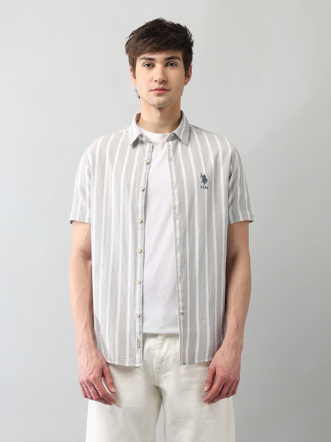 

U.S. Polo Assn. Denim Co. Men Classic Fit Vertical Striped Cotton Casual Shirt, Grey