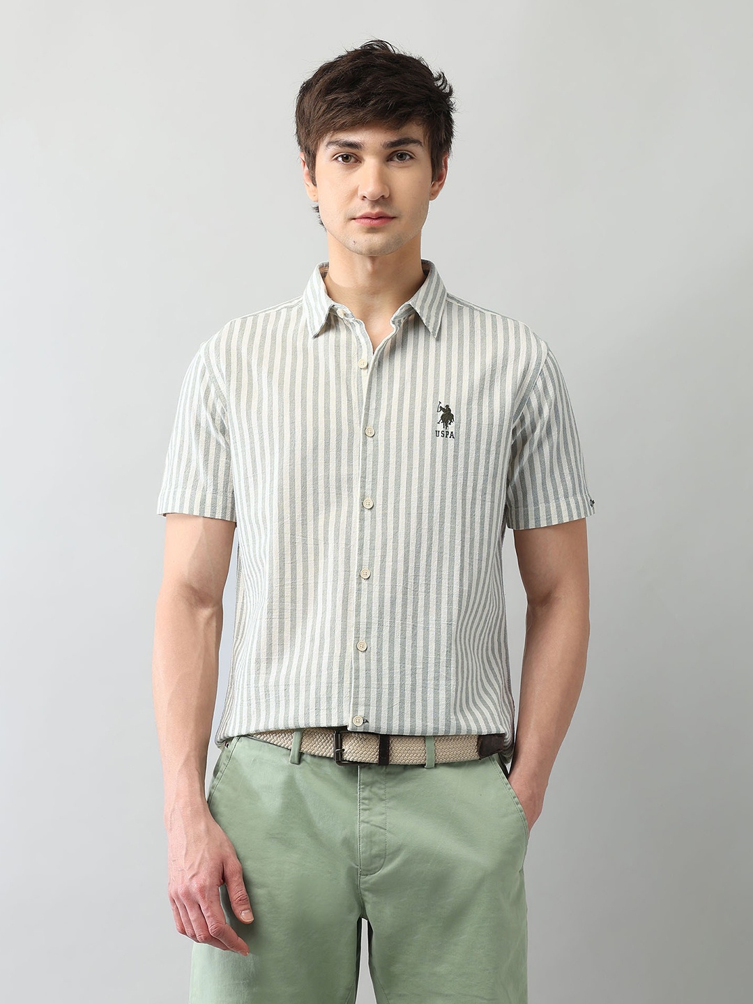 

U.S. Polo Assn. Denim Co. Men Classic Fit Vertical Striped Cotton Casual Shirt, Green
