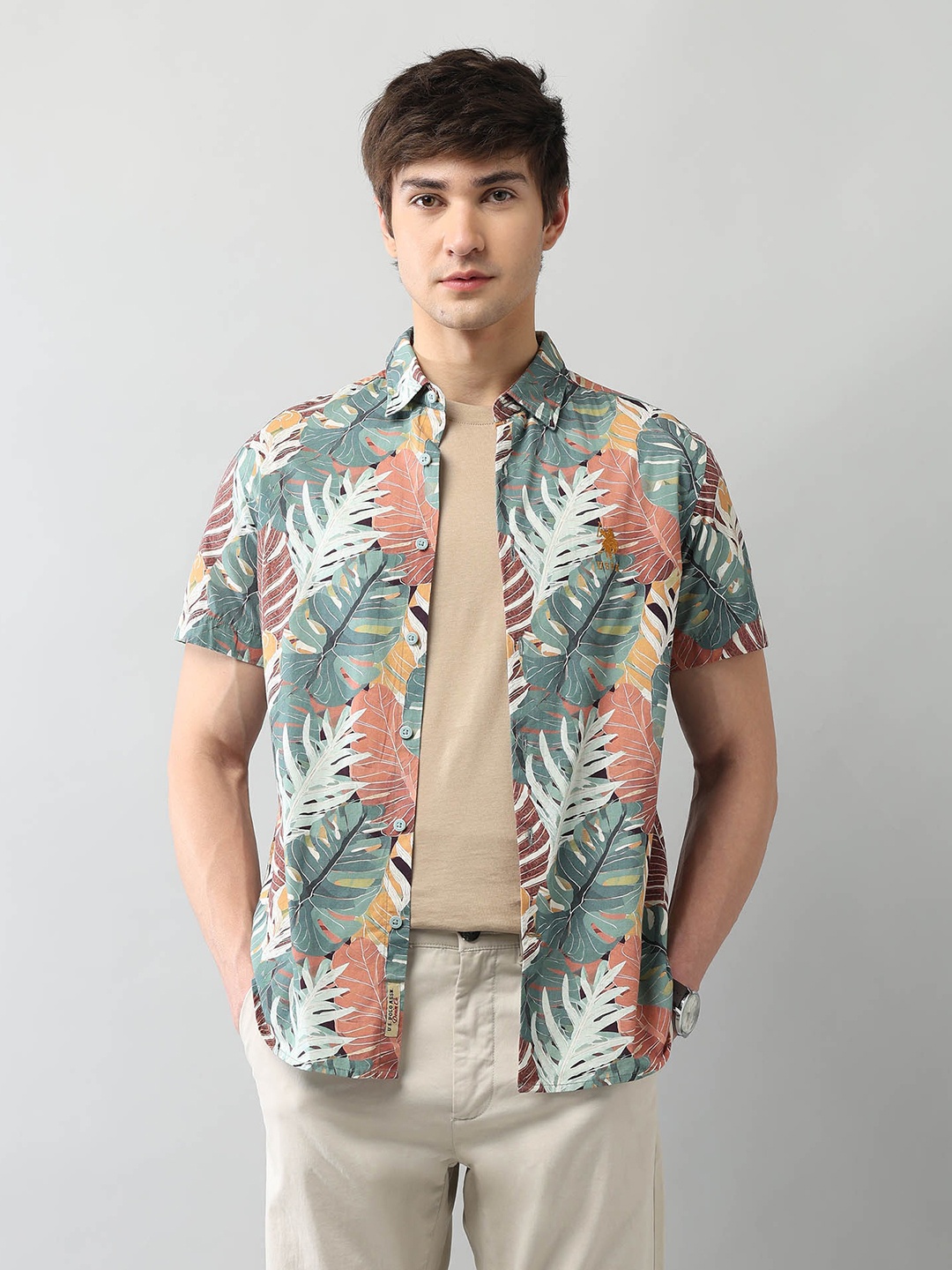 

U.S. Polo Assn. Denim Co. Men Classic Fit Spread Collar Floral Printed Cotton Casual Shirt, Green