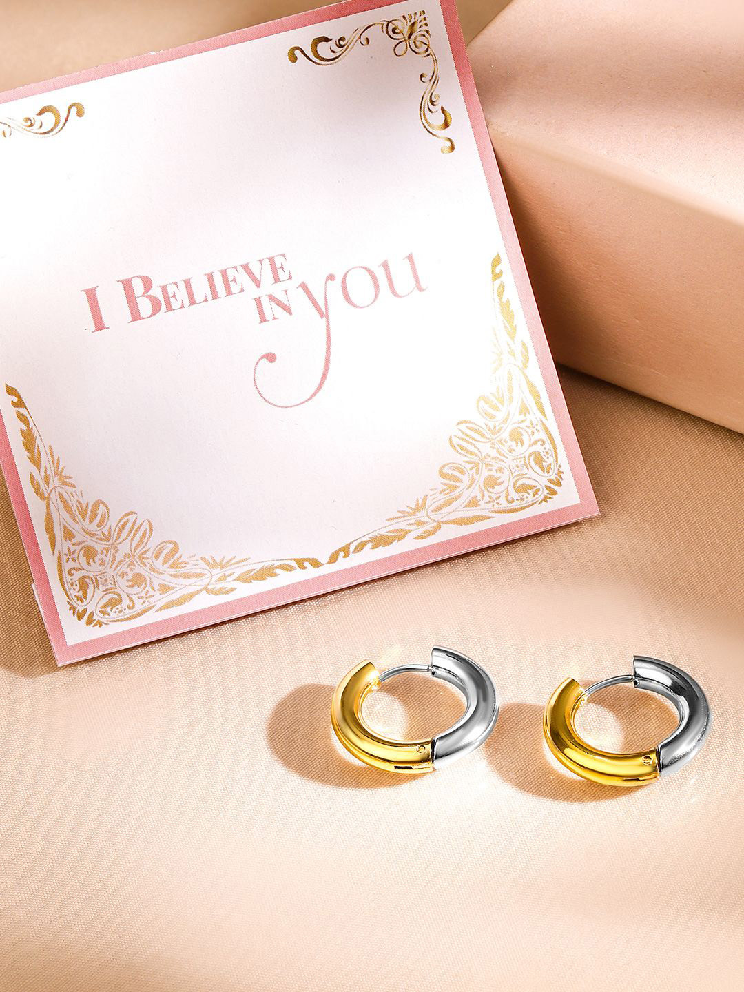

Rubans Valentine's Dual Plated Rhodium &18 K Gold Stainless Steel Waterproof Hoop Earrings