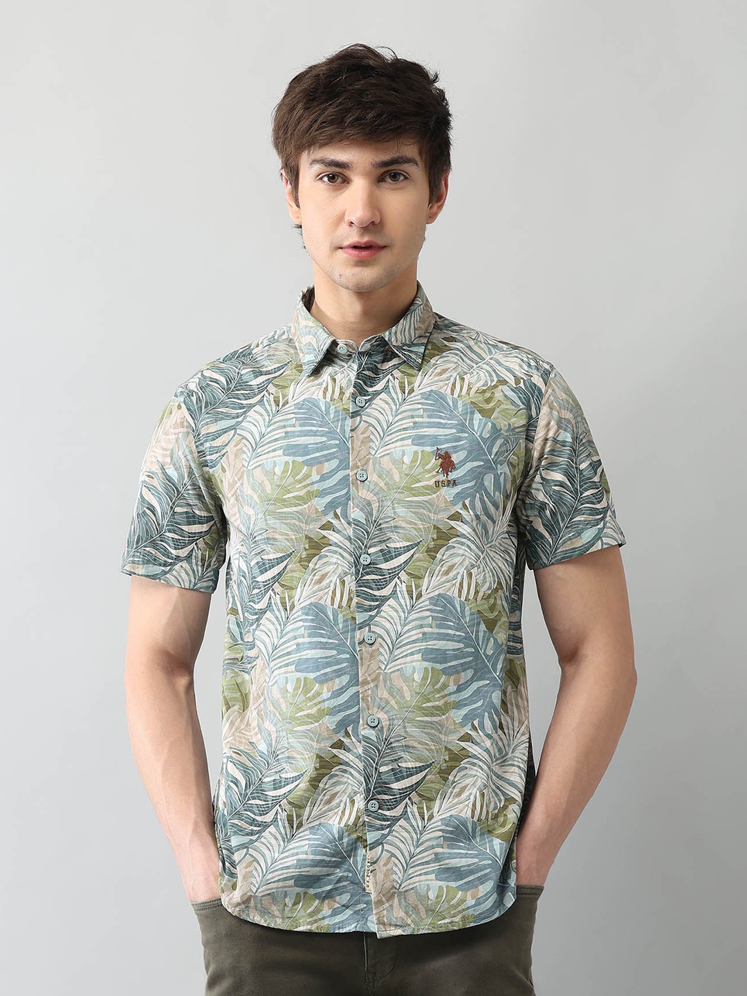 

U.S. Polo Assn. Denim Co. Men Classic Fit Spread Collar Floral Printed Cotton Casual Shirt, Green