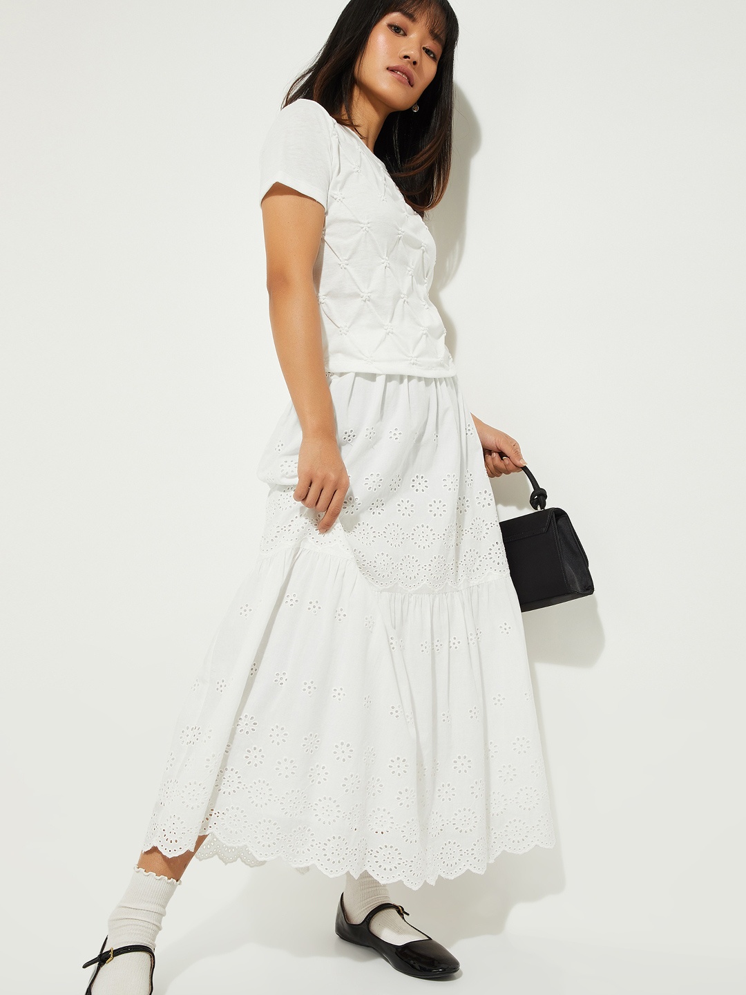 

ALAYA F x URB_N Max Schiffli Pure Cotton Maxi Flared Skirt, White