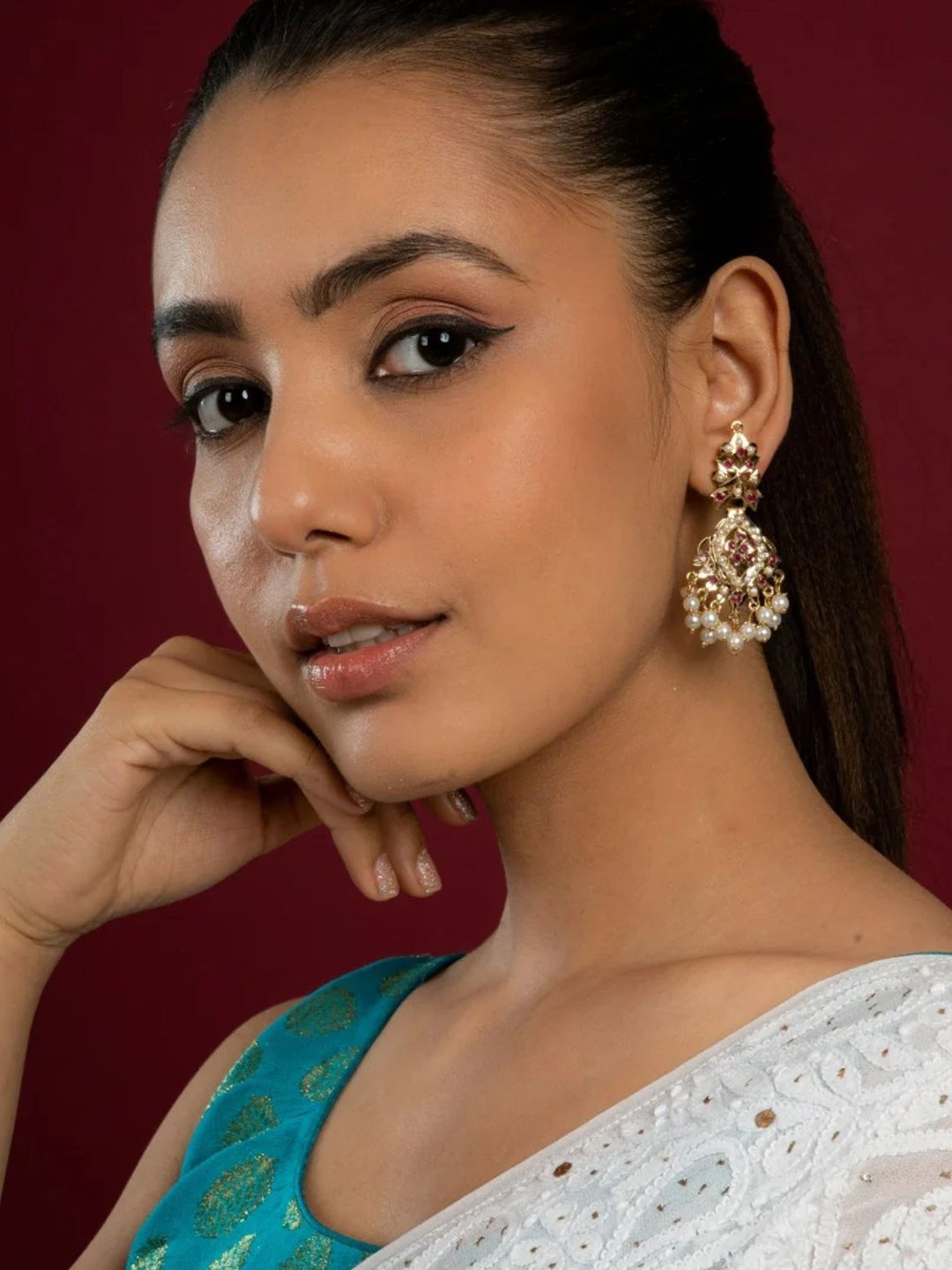 

QUEENS JEWELS Gold-Plated Stones Studded & Beaded Contemporary Shaped Jadau Drop Earrings, White