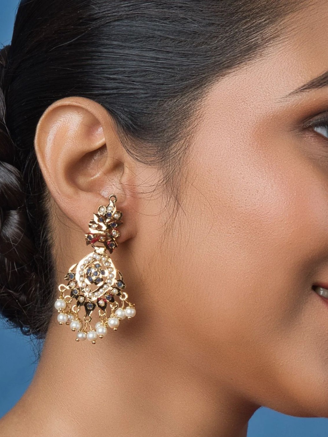 

QUEENS JEWELS Gold-Plated Stones Studded and Beaded Contemporary Shaped Chandbalis