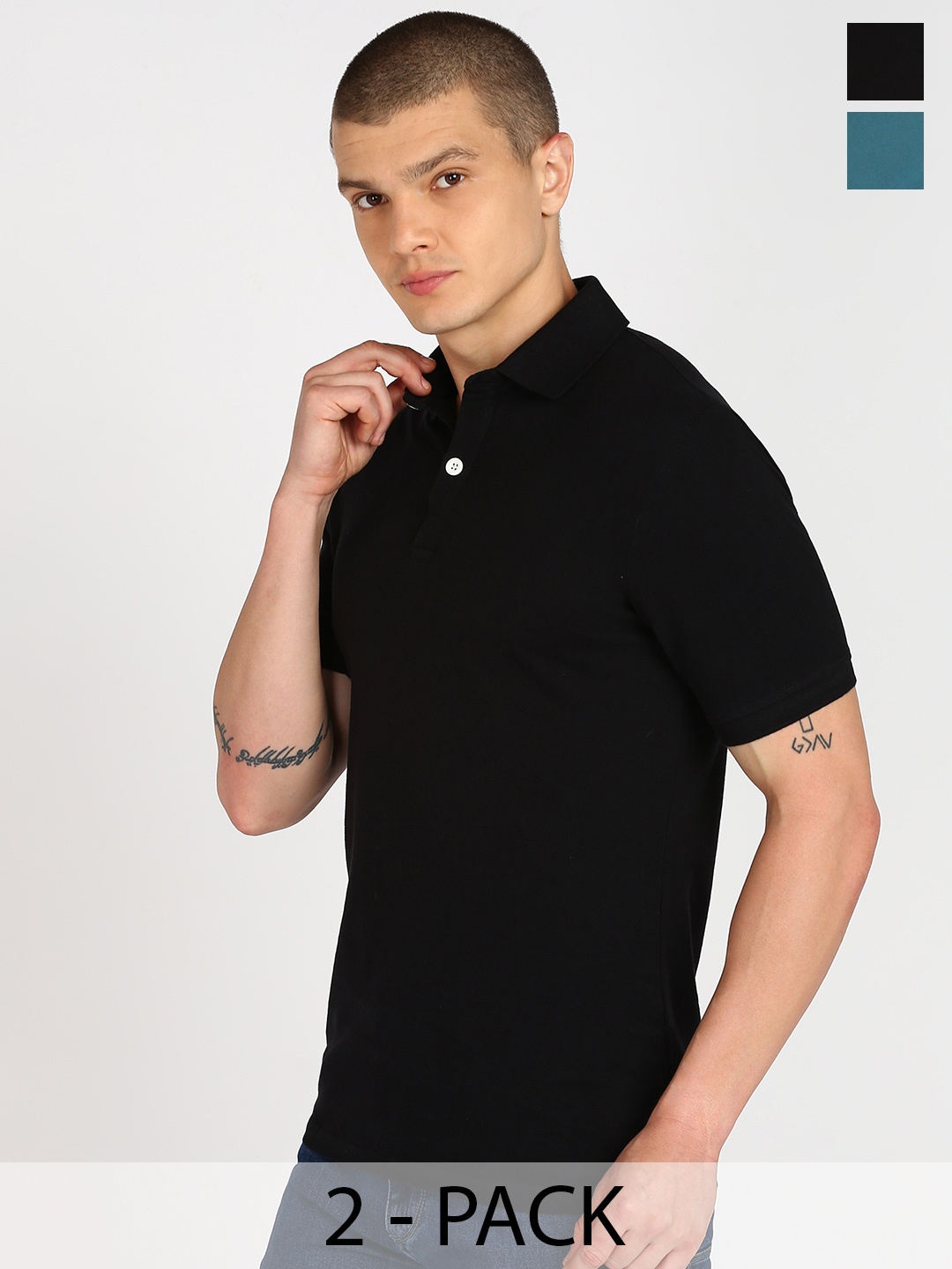 

Moda Rapido Men Pack Of 2 Solid Polo Collar Cotton Slim Fit T-shirts, Teal