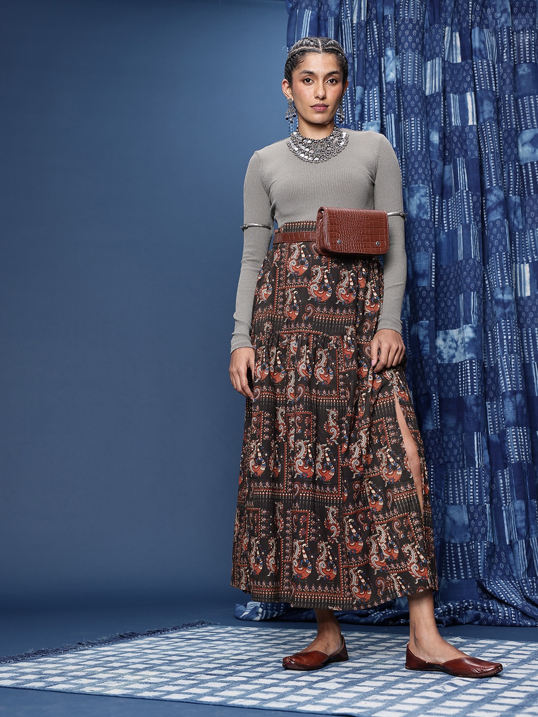 

Taavi Kalamkari Block Printed Maxi Flared Skirt with Slit Detail, Black