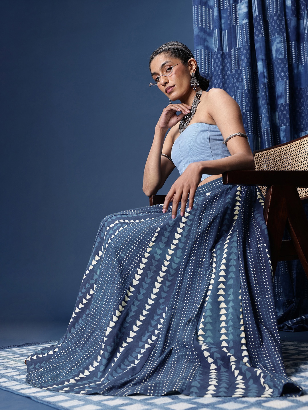 

Taavi Indigo Printed Pure Cotton Maxi Flared Skirt, Blue