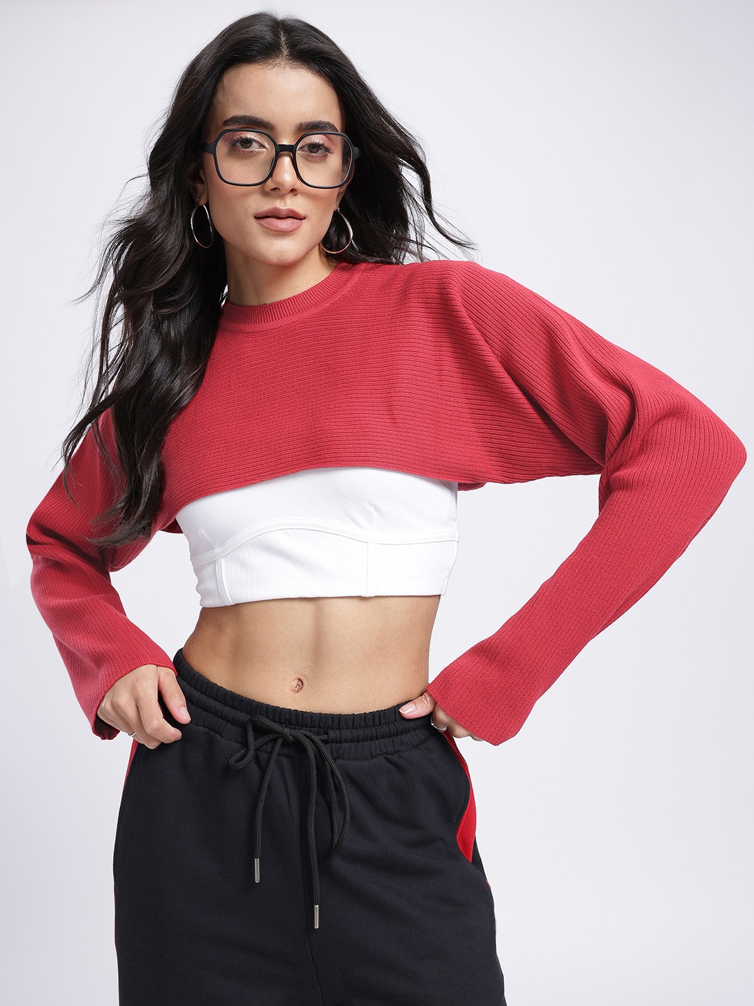 

glitchez Ribbed Kimono Sleeves Pure Cotton Overlay Top, Red