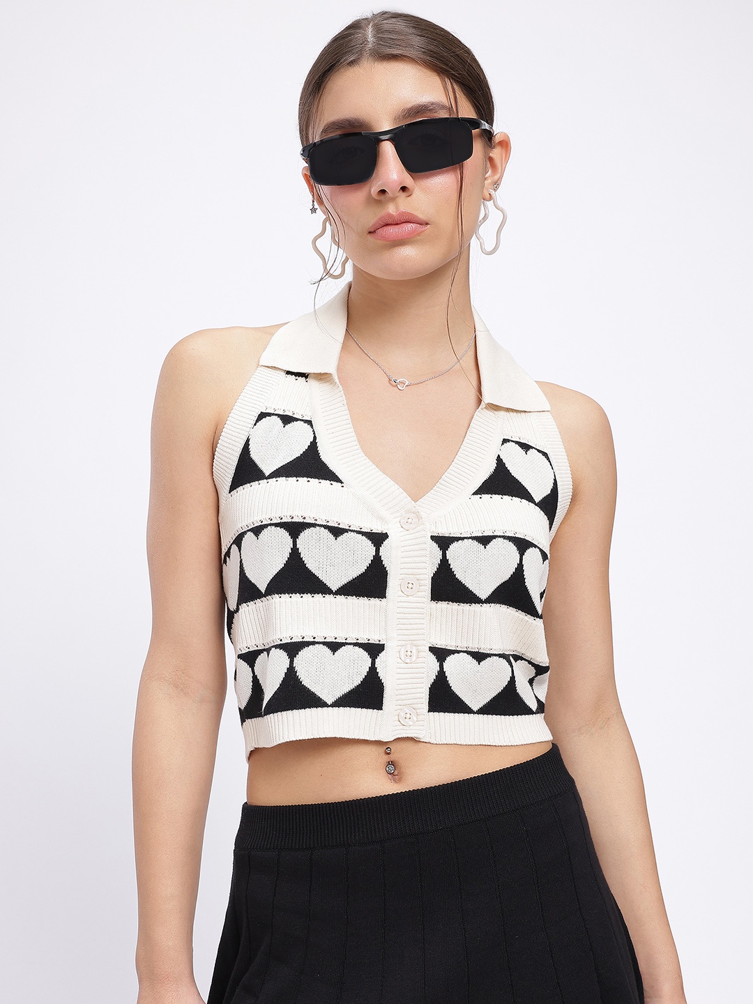 

glitchez Colourblocked Halter Neck Spread Collar Pure Cotton Crop Top, Off white