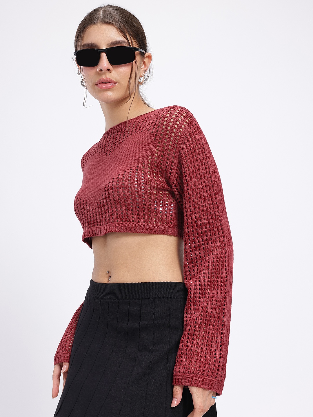 

glitchez Solid Crochet Pure Cotton Crop Top with Heart Detail, Maroon