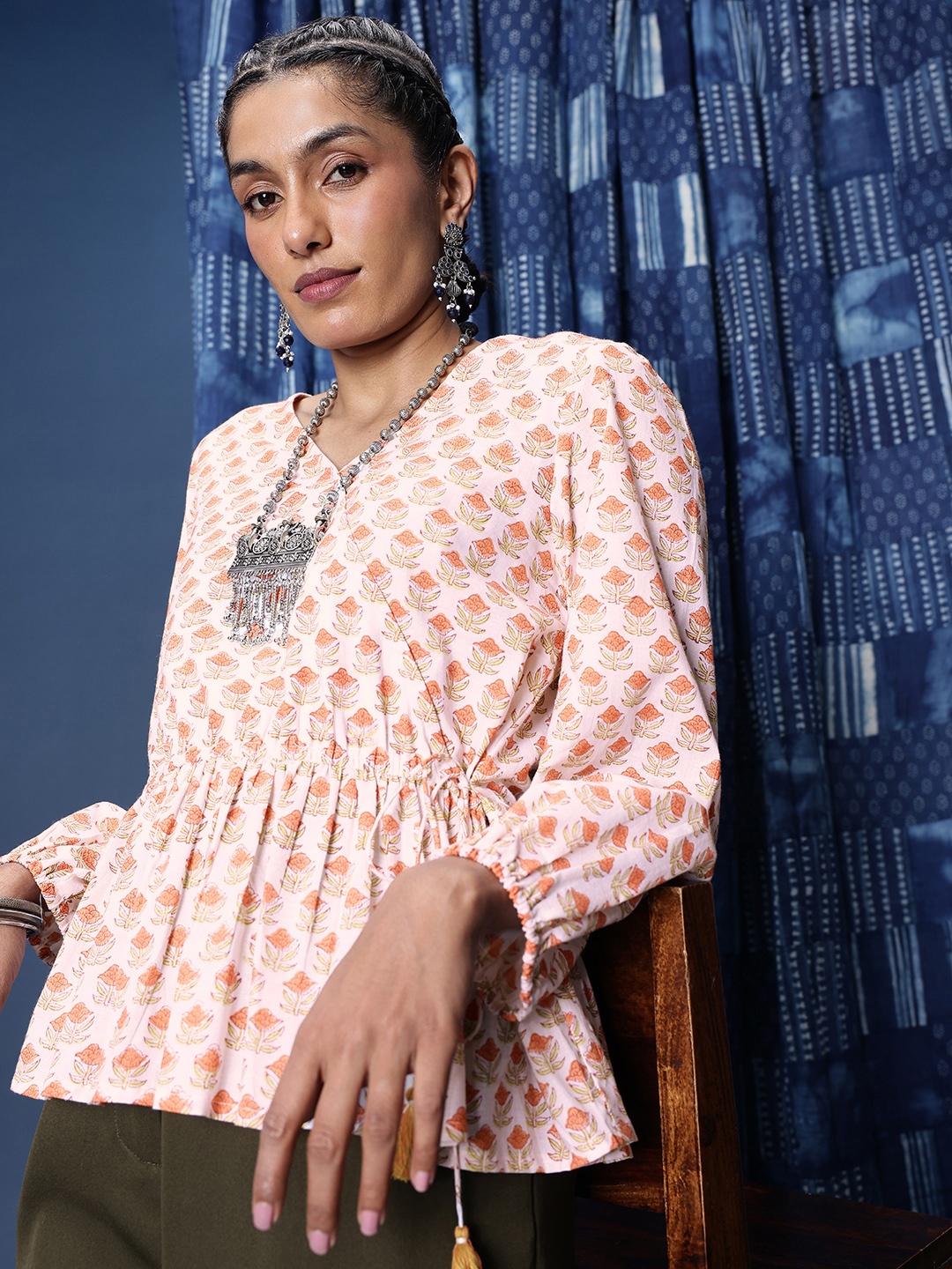 

Taavi Floral Bagru Printed Puff Sleeve Pure Cotton Wrap Top, Off white