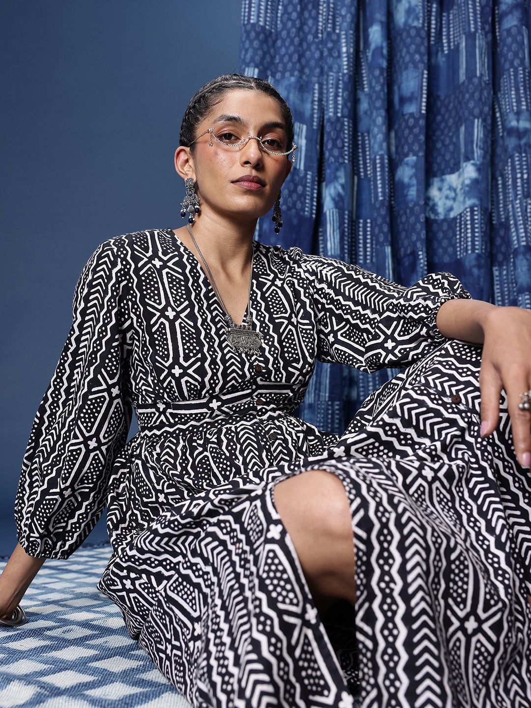

Taavi Geometric Block Print Pure Cotton Empire Midi Dress, Black