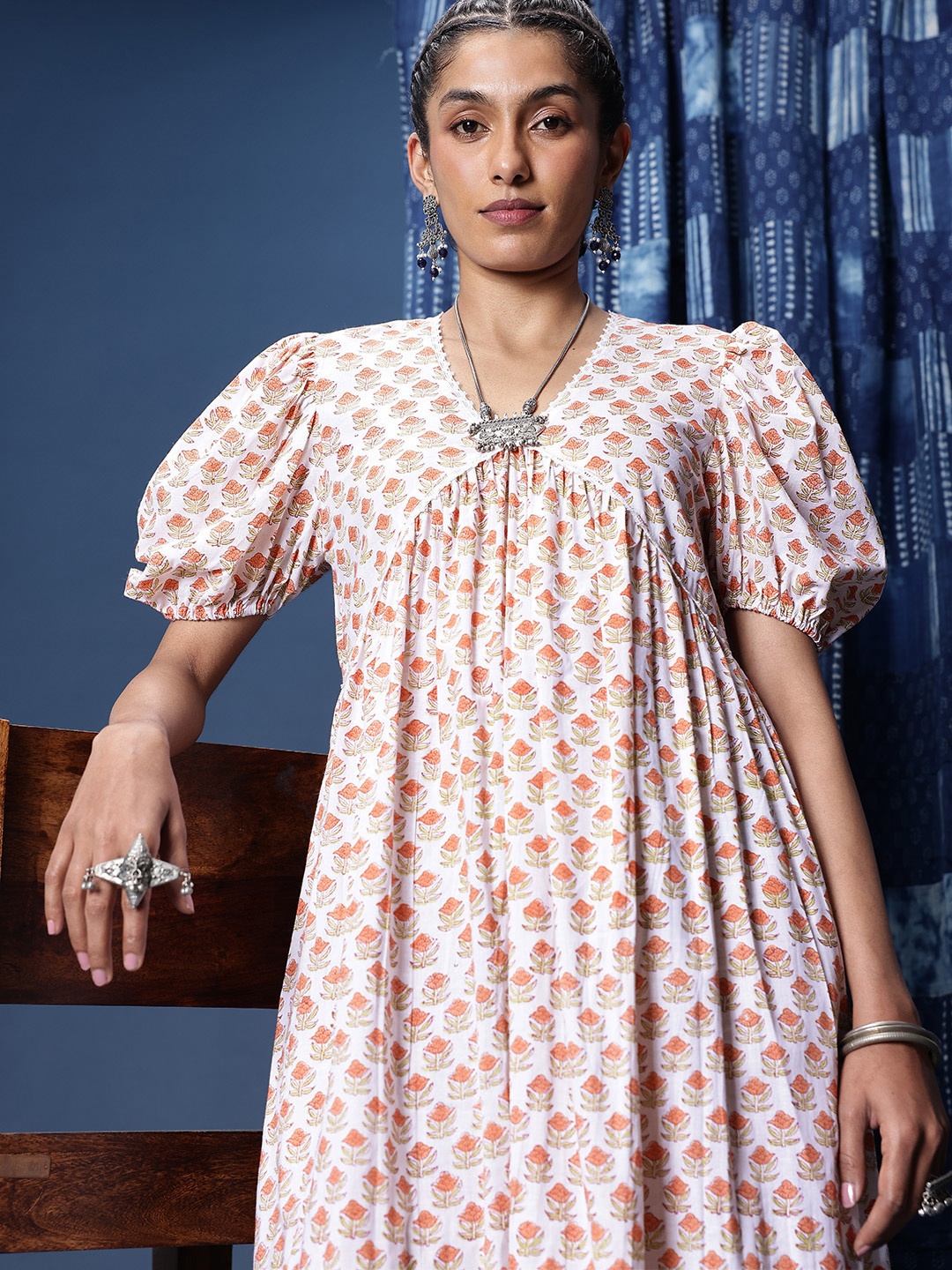 

Taavi Floral Printed Puff Sleeve Pure Cotton Empire Midi Dress, Off white
