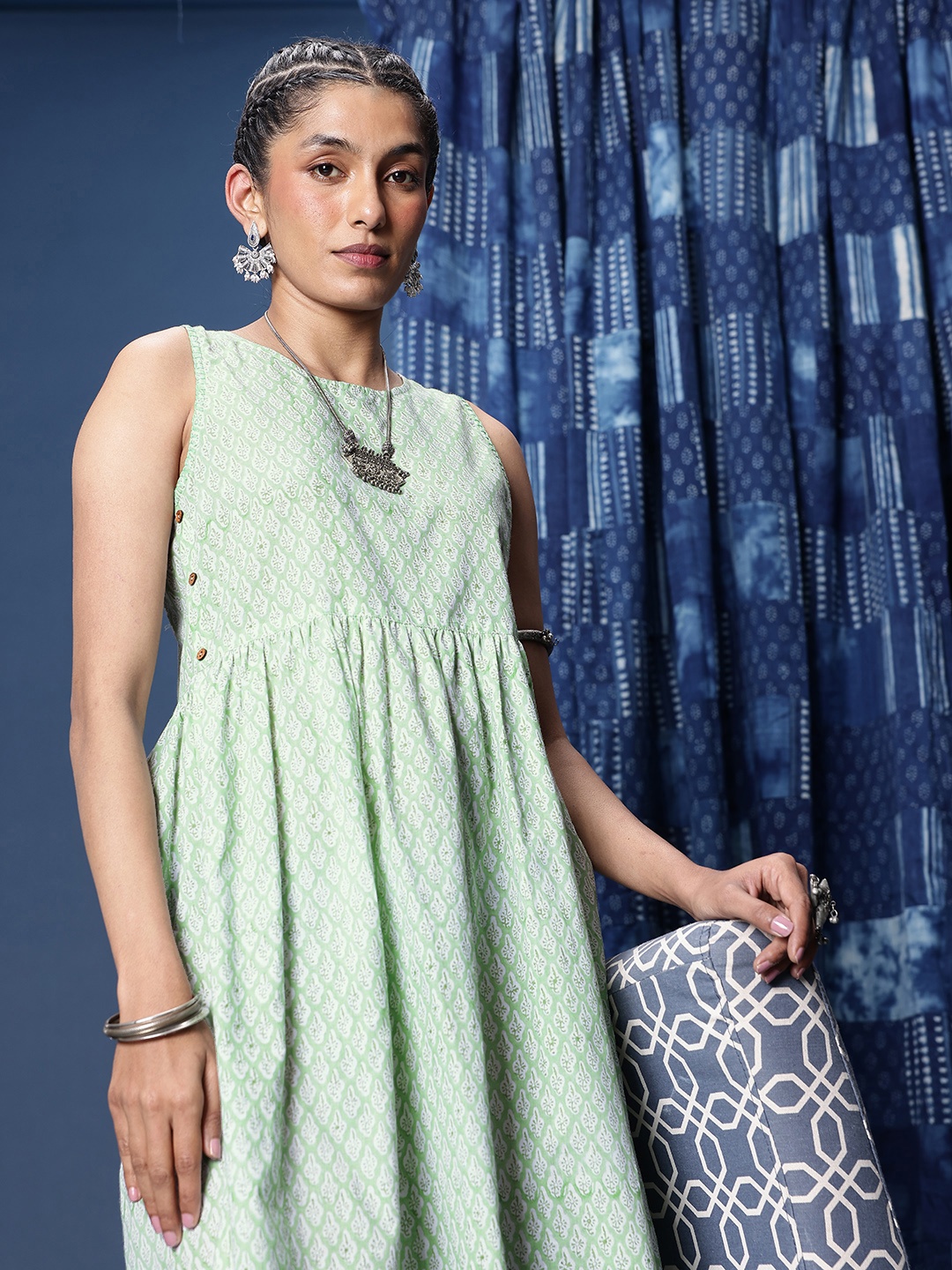 

Taavi Floral Printed Pure Cotton A-Line Dress, Green