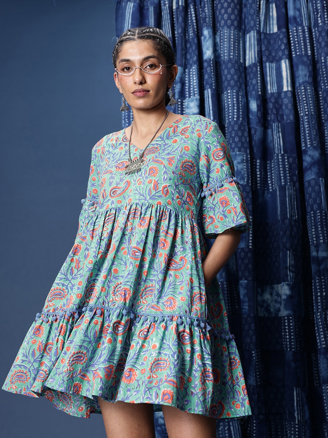 

Taavi Floral Bagru Printed Bell Sleeve Pure Cotton A-Line Dress, Sea green