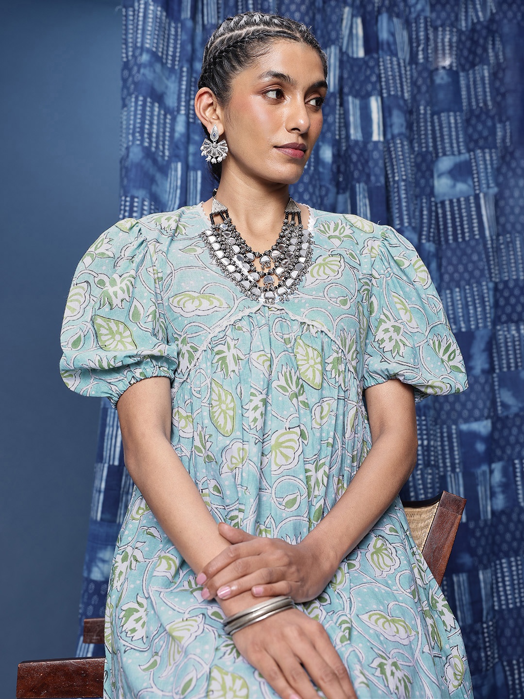 

Taavi Floral Printed Puff Sleeve Pure Cotton A-Line Midi Dress, Turquoise blue