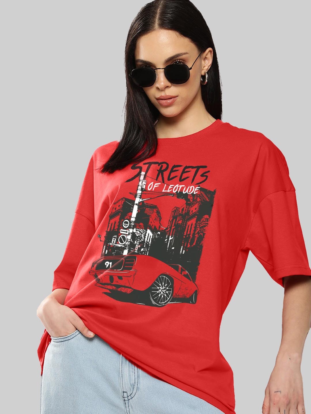 

Leotude Women Graphic Printed Round Neck Cotton Relaxed Fit T-shirt, Red