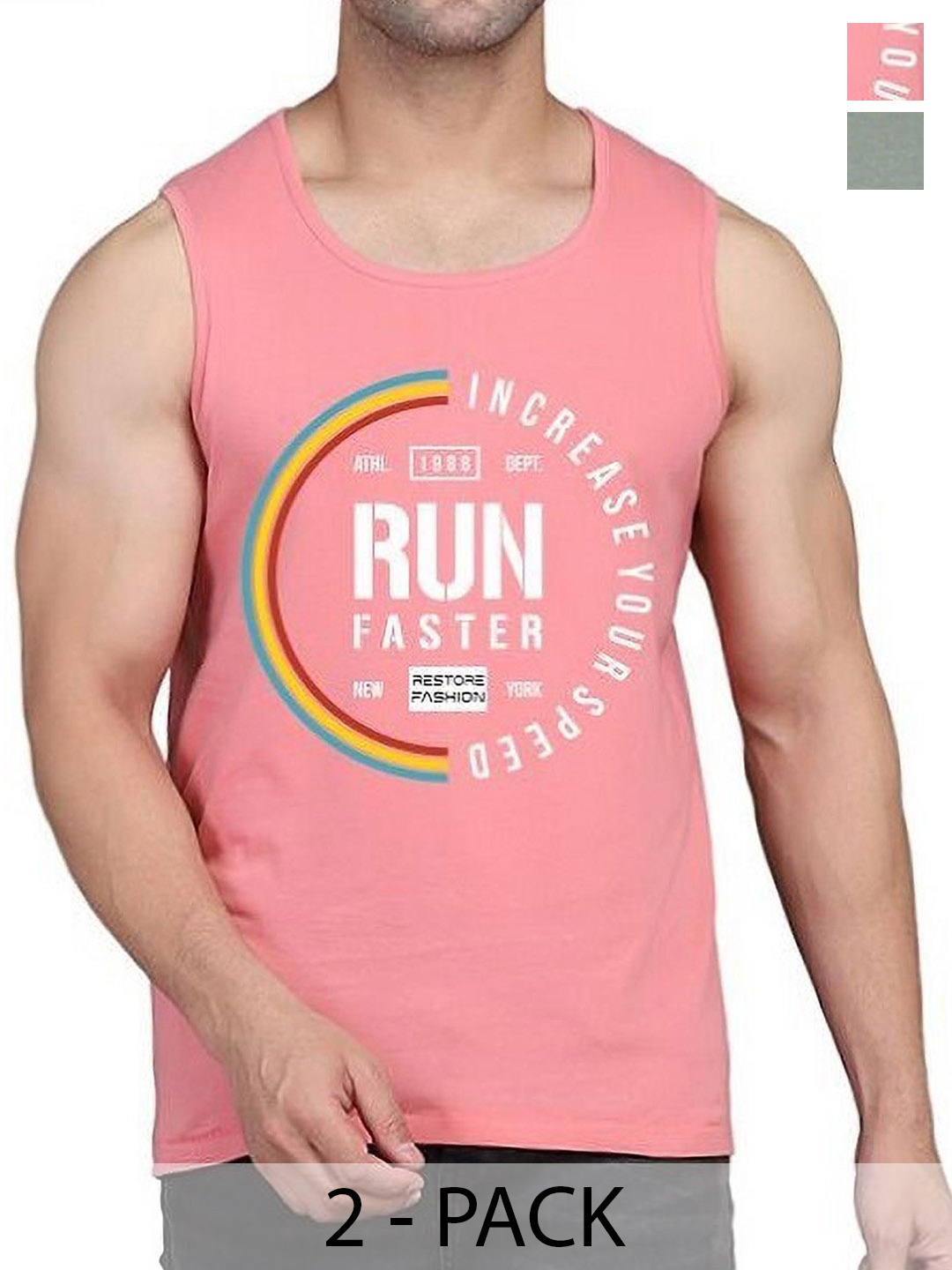 

WOOSTRO Men Pack Of 2 Printed Cotton Gym Innerwear Vests, Peach