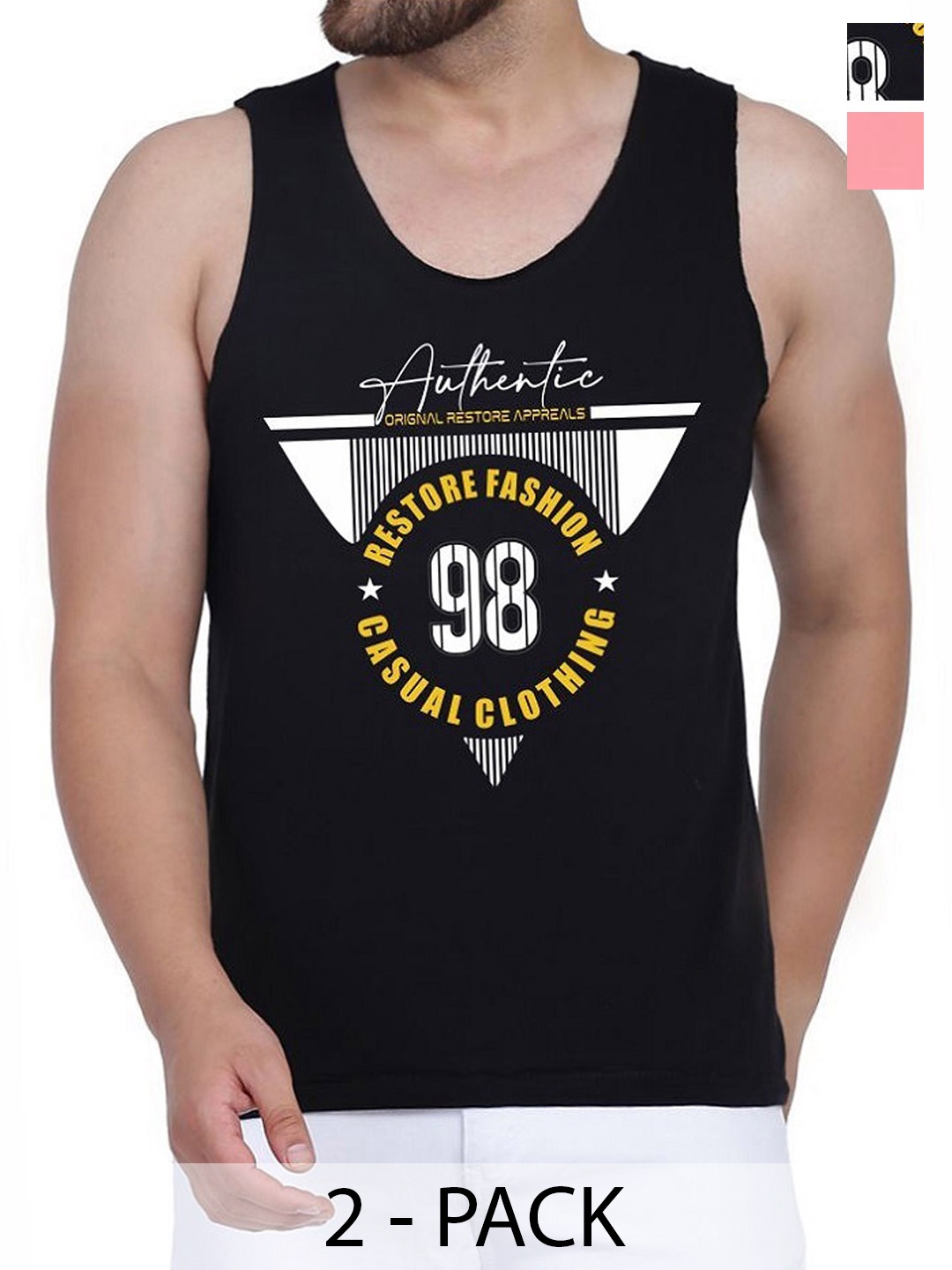 

Woostro Men Pack Of 2 Printed Cotton Sleeveless Scoop Neck Gym Innerwear Vests, Peach