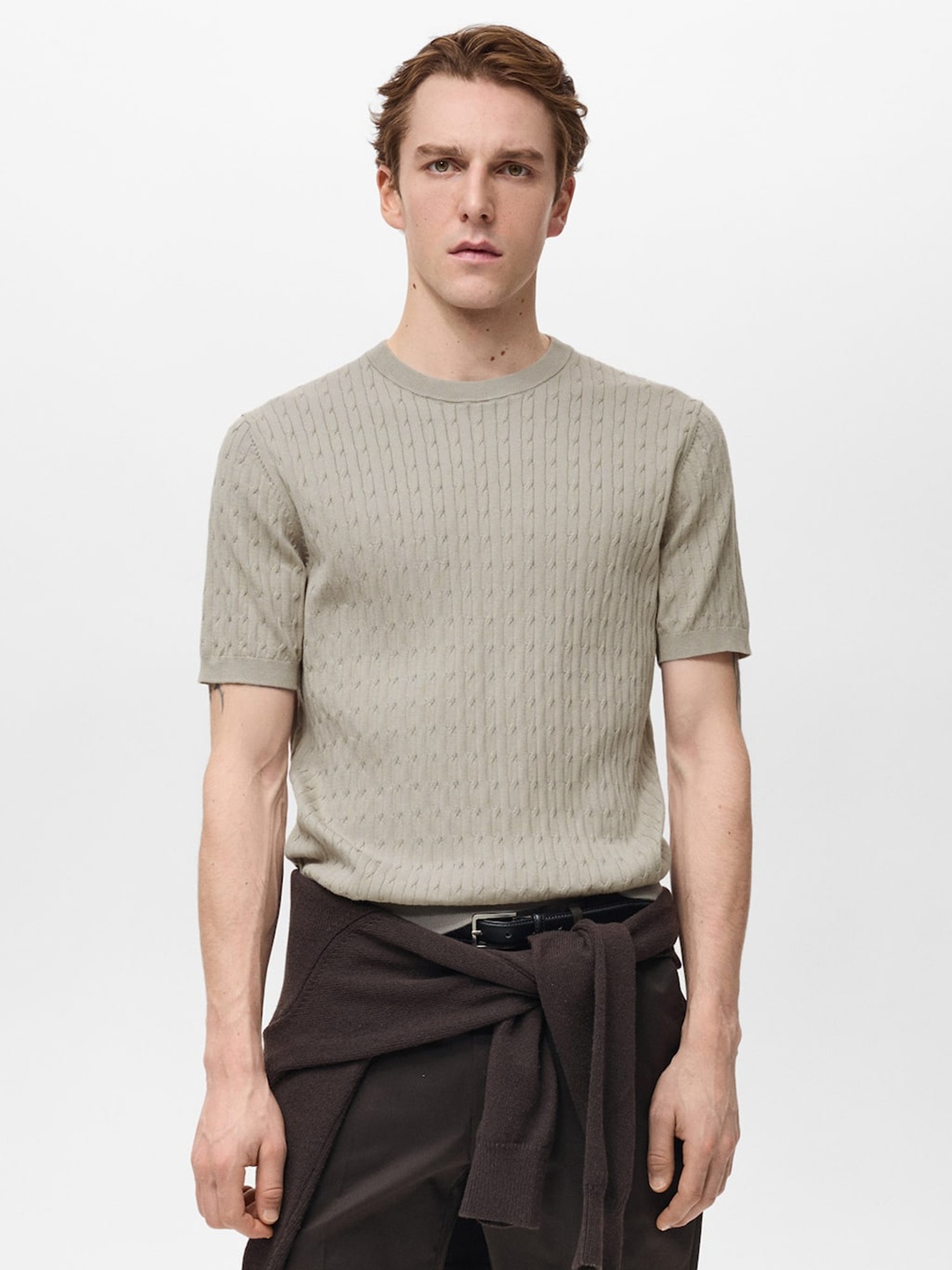 

MANGO MAN Cable Knit Pure Cotton Knitted T-shirt, Beige