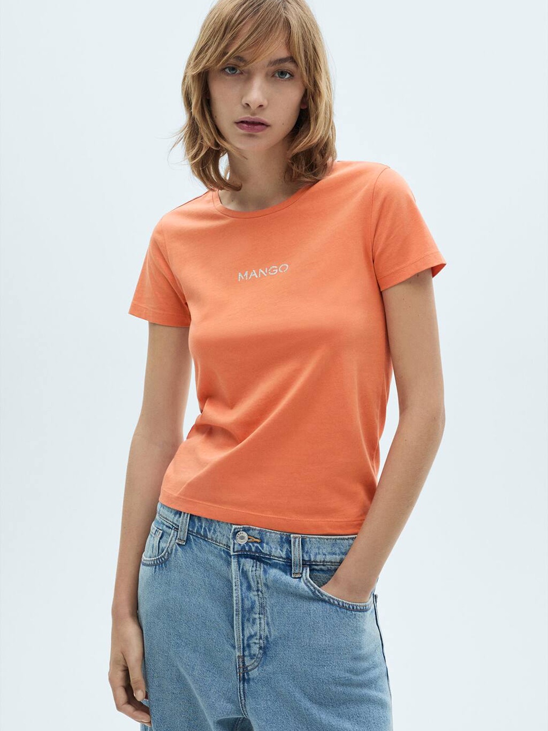 

MANGO Women Pure Cotton T-shirt, Orange