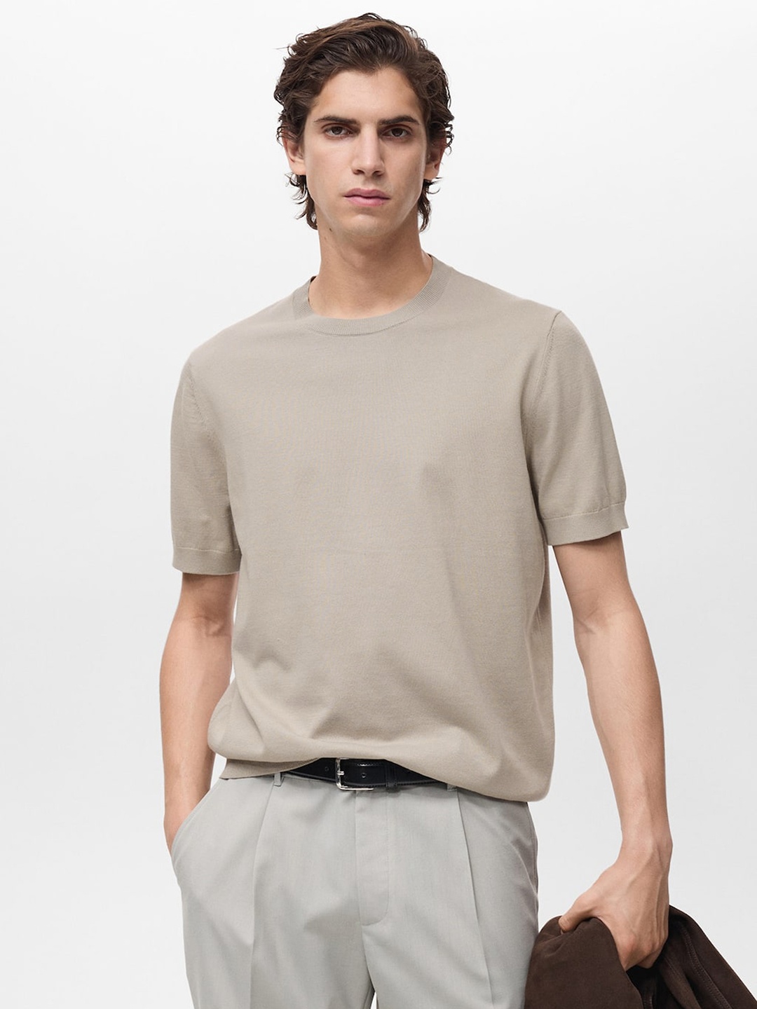 

MANGO MAN Pure Cotton Knitted T-shirt, Taupe