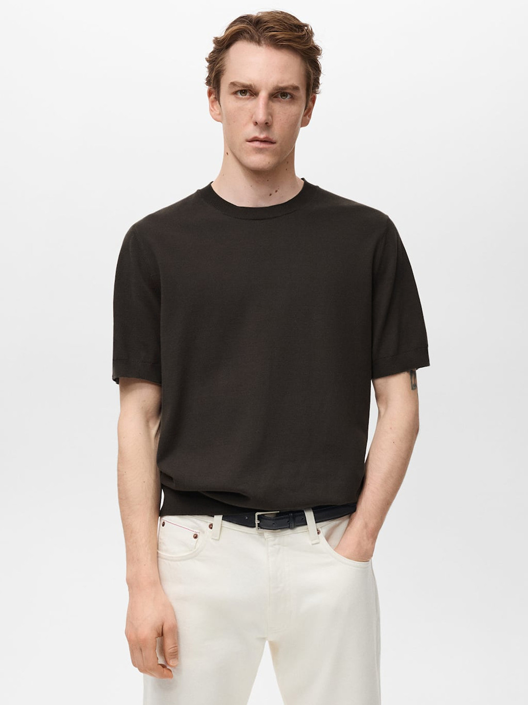 

MANGO MAN Pure Cotton Knitted T-shirt, Brown