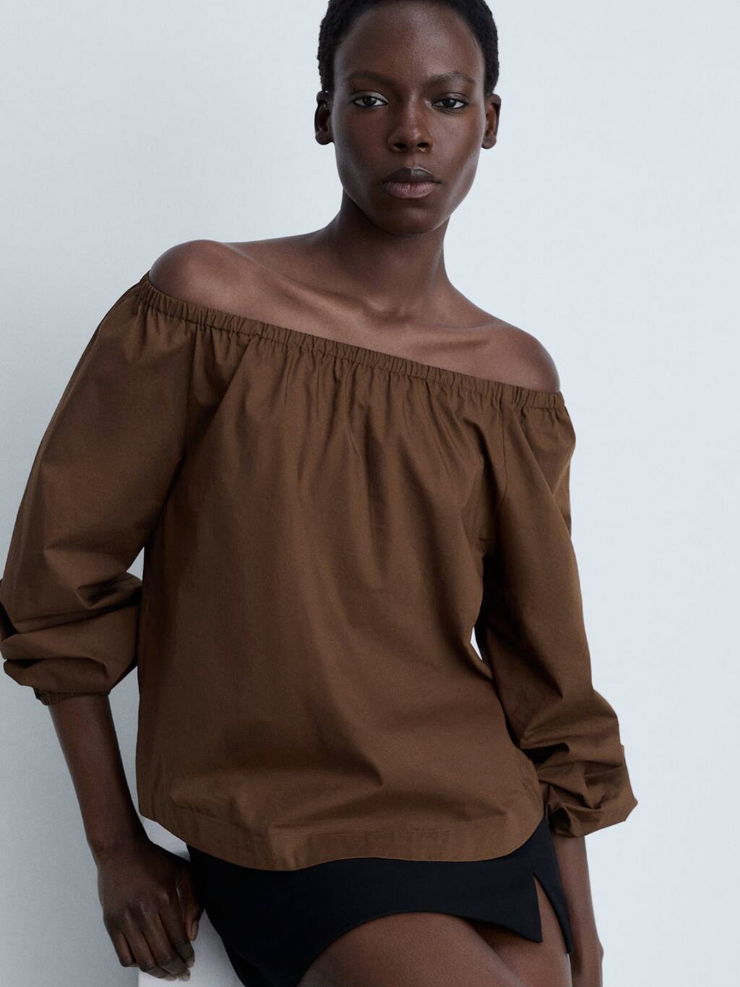 

MANGO Pure Cotton Off-Shoulder Puff Sleeve Top, Brown