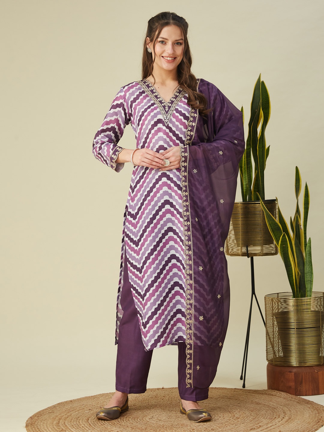 

MOKOSH Chevron Embroidered V-Neck Straight Kurta With Trousers And Dupatta, Purple