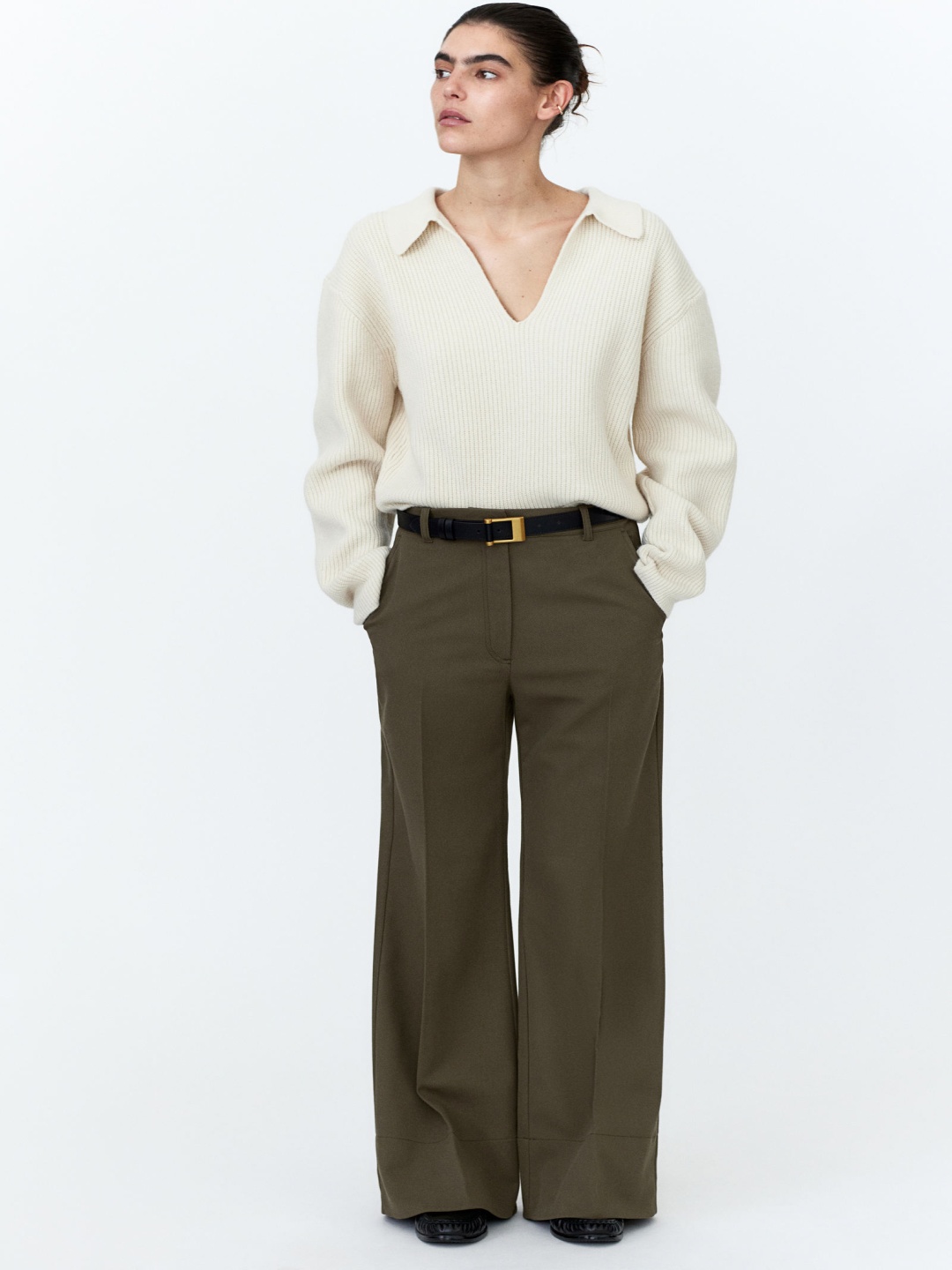 

H&M Women Flared Twill Trousers, Olive