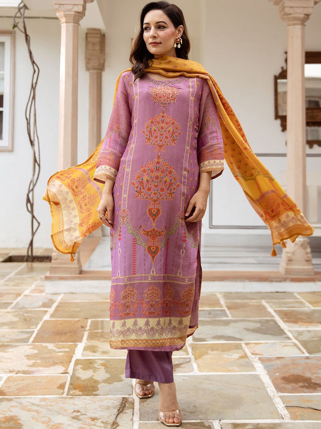 

Ishin Floral Printed Beads And Stones Straight Kurta With Trousers And Dupatta, Purple