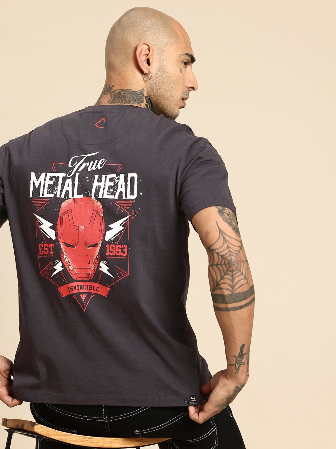 

Being Human Pure Cotton Iron Man Printed Relaxed Fit Applique T-shirt, Charcoal