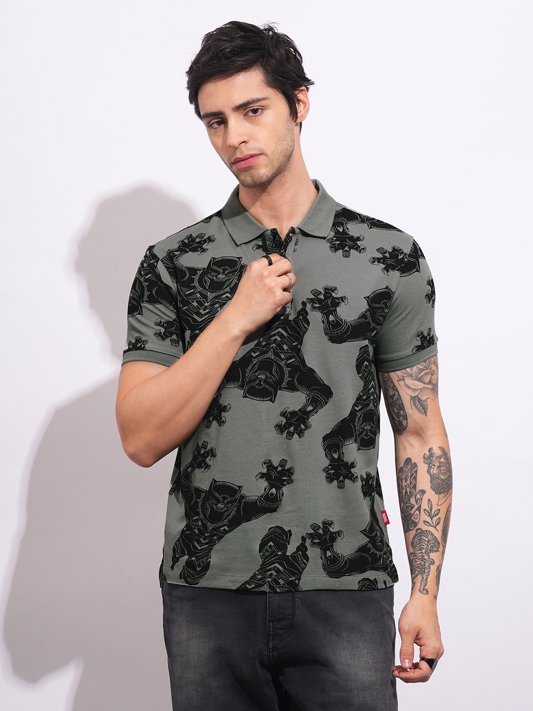 

Being Human Black Panther Graphic Printed Polo Collar Pure Cotton T-shirt, Grey