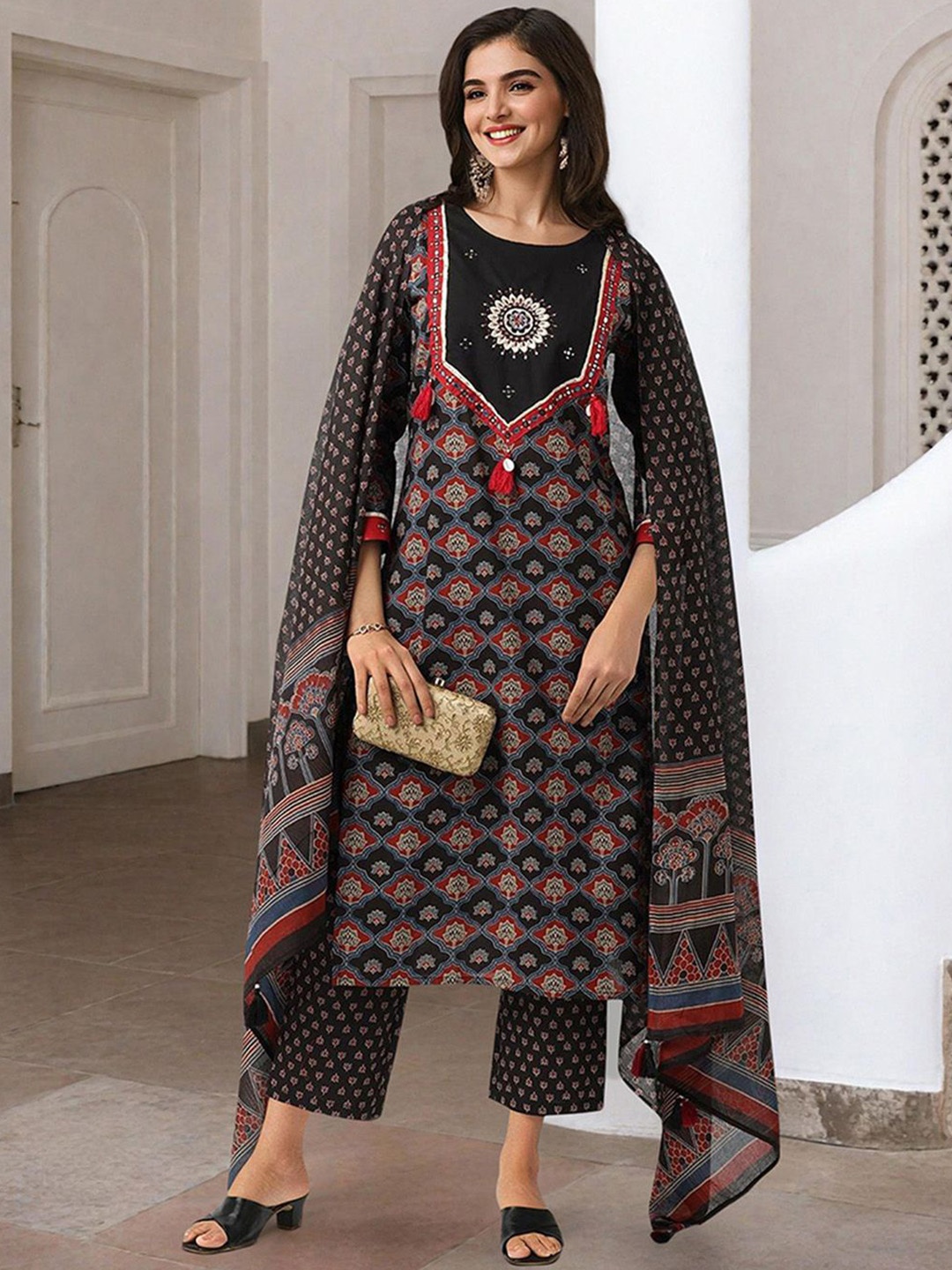 

Ishin Ethnic Motifs Printed Mirror Work Pure Cotton Kurta With Trousers And Dupatta, Black