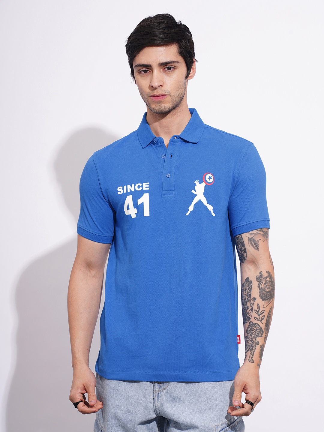 

Being Human Captain America Printed Polo Collar Pure Cotton T-shirt, Blue