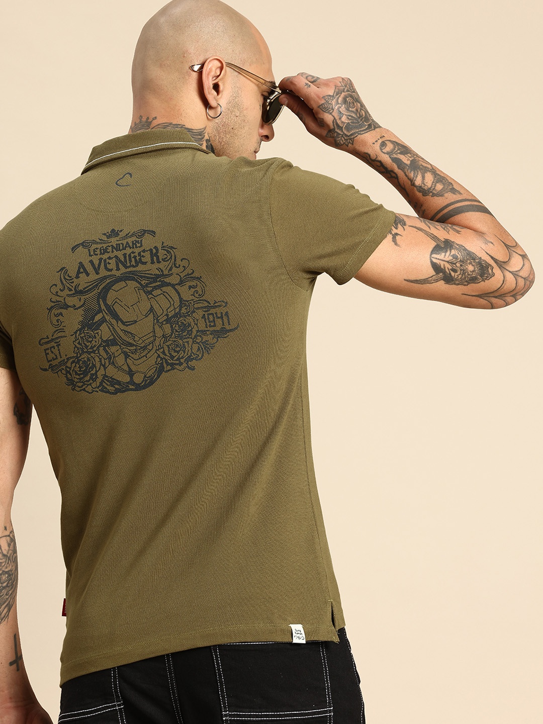 

Being Human Avengers Printed Polo Collar Pure Cotton T-shirt, Olive