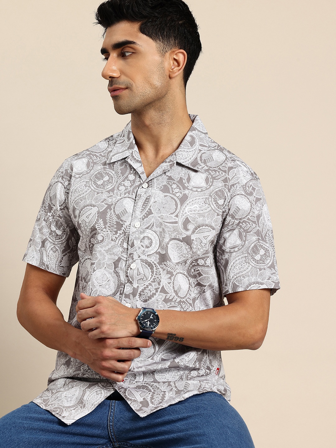 

Being Human Printed Pure Cotton Casual Shirt, Grey