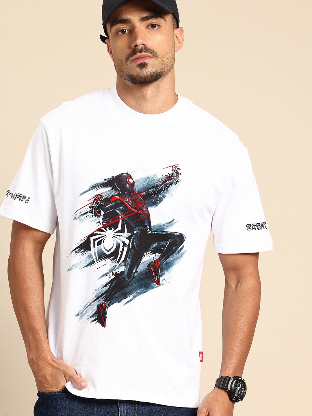 

Being Human Spider-Man Printed Drop-Shoulder Sleeves Relaxed Fit Pure Cotton T-shirt, White