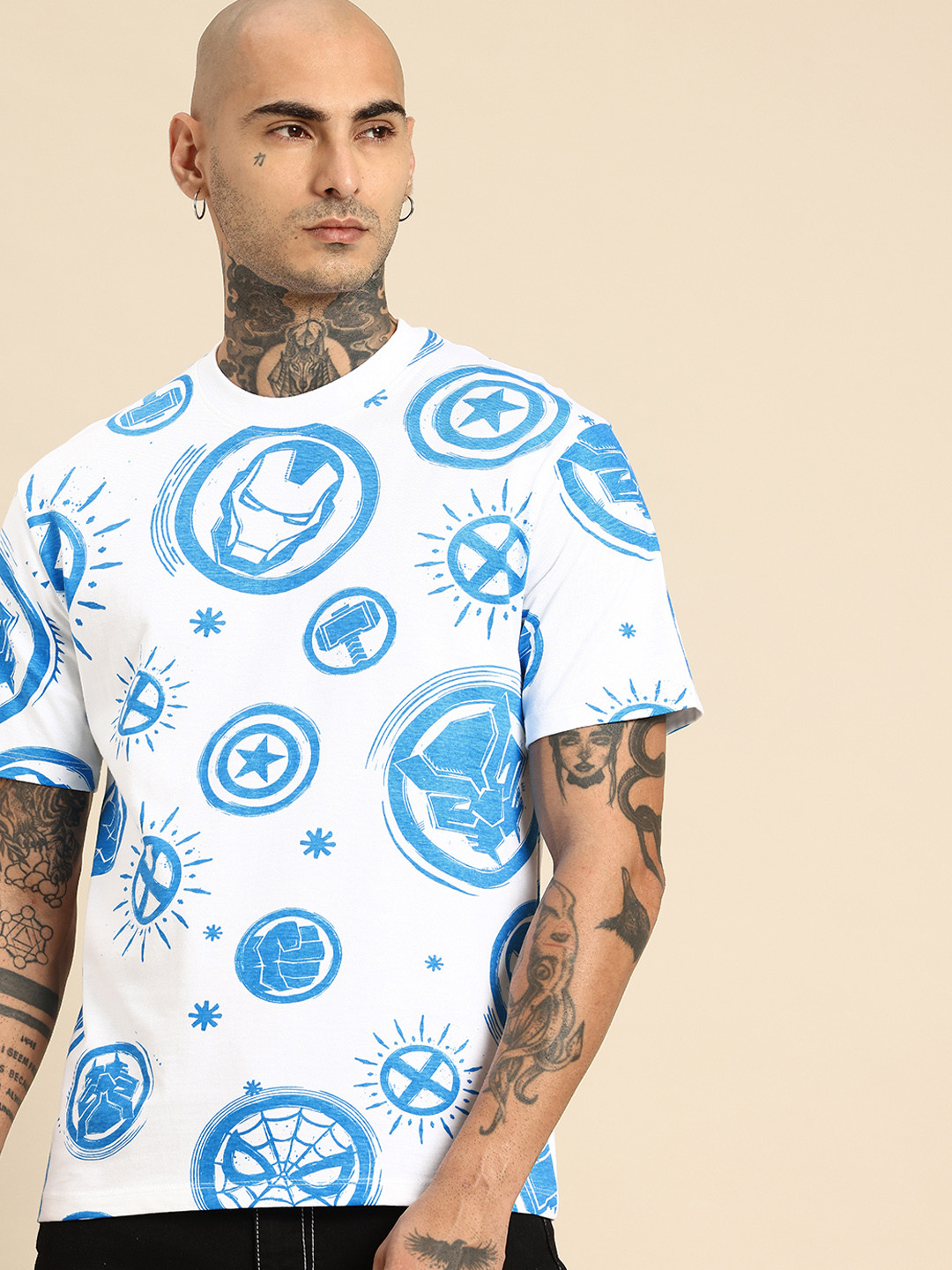 

Being Human Marvel Printed Drop-Shoulder Sleeves Relaxed Fit Pure Cotton T-shirt, White