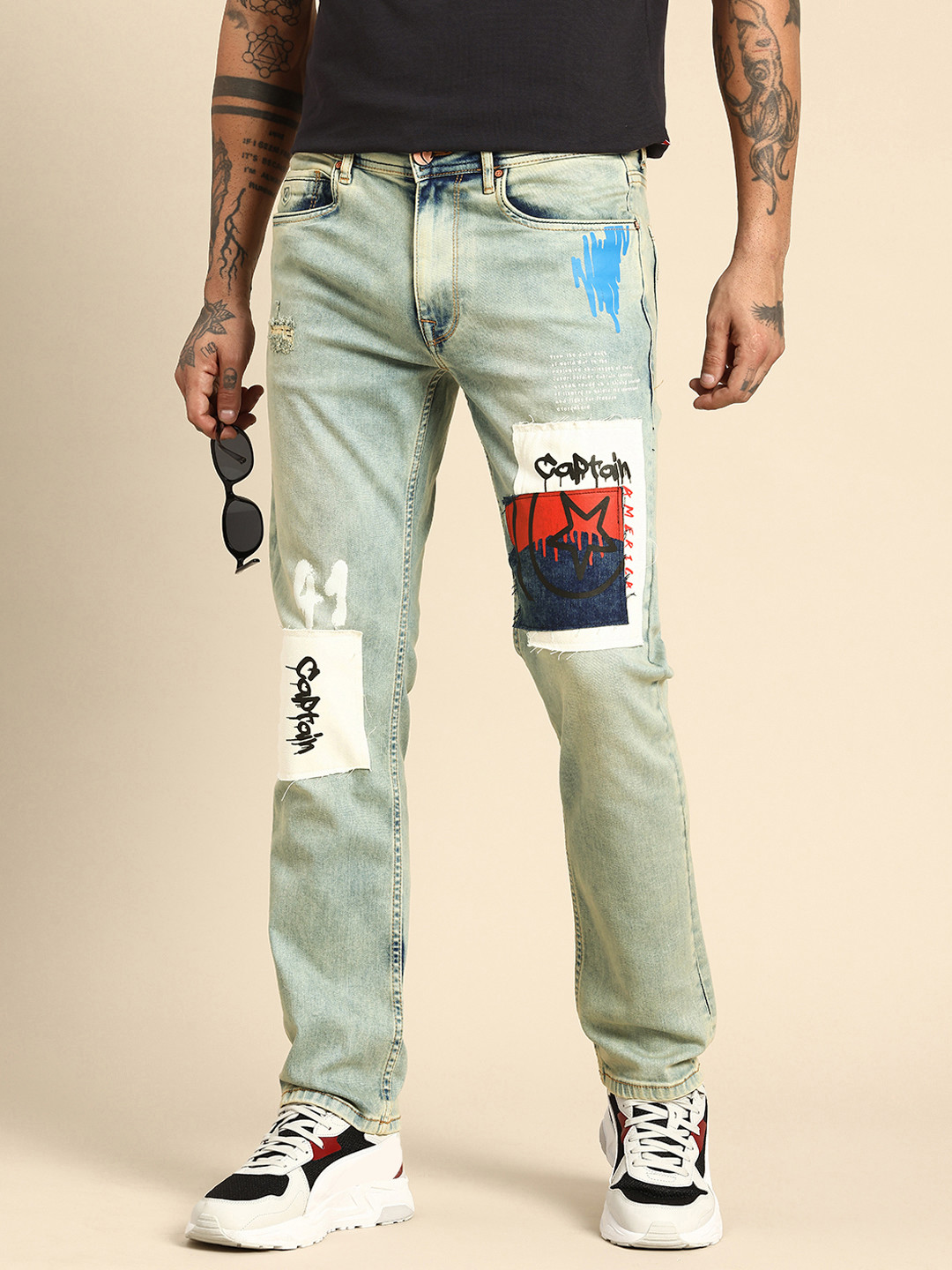 

Being Human Men Straight Fit Distressed Light Fade Patch Work Printed Stretchable Jeans, Blue