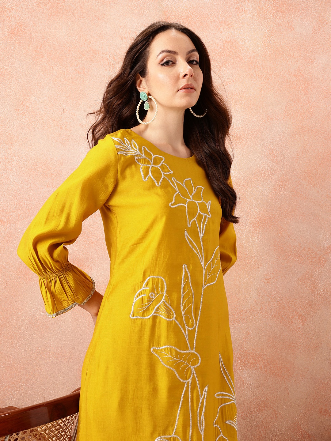 

all about you Embroidered Regular Gotta Patti Kurta with Trousers, Mustard