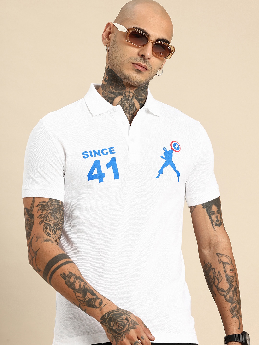 

Being Human Pure Cotton Captain America Printed Polo Collar T-shirt, White