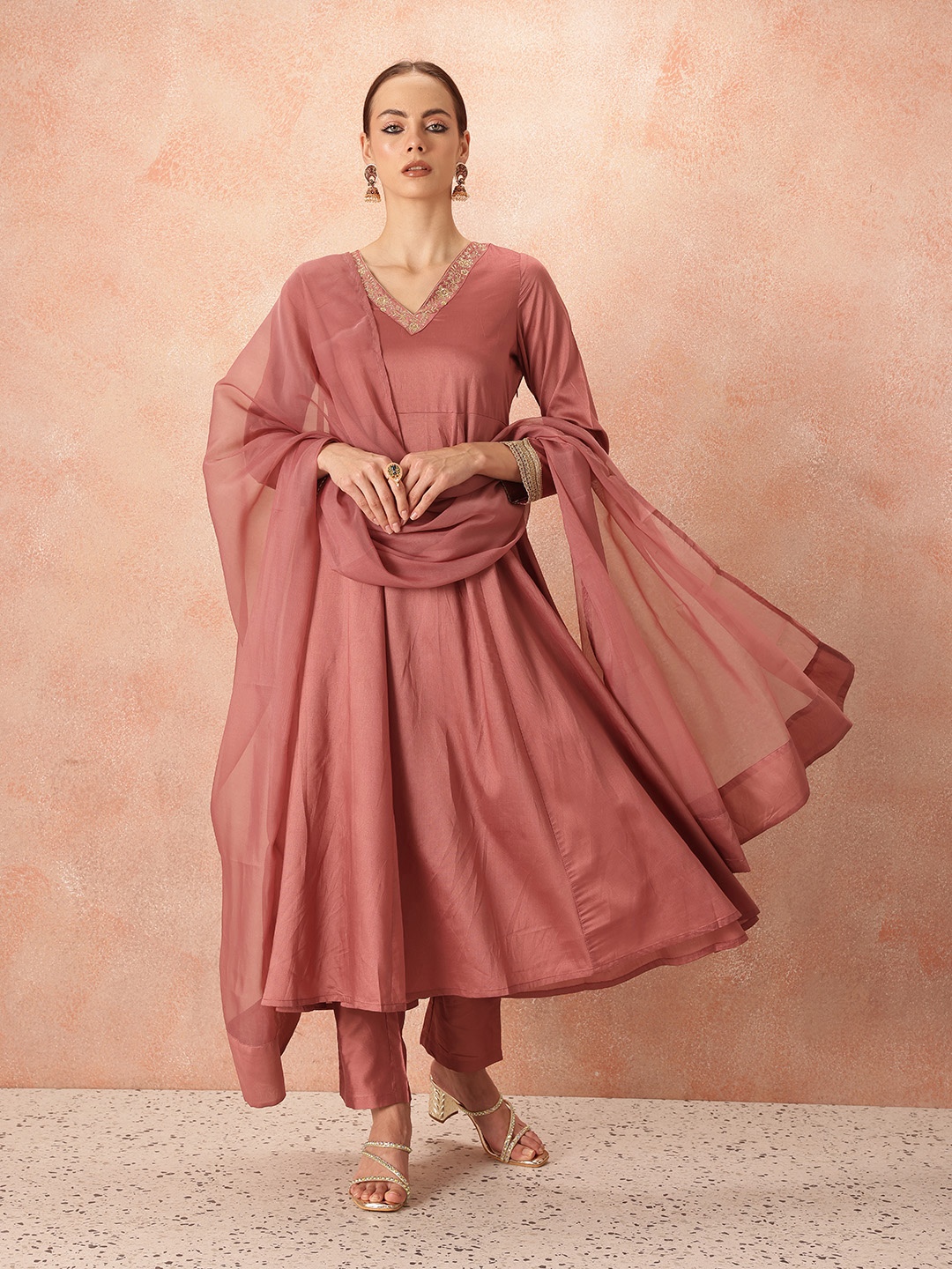 

all about you Thread Work Kurta With Trousers & Dupatta, Pink