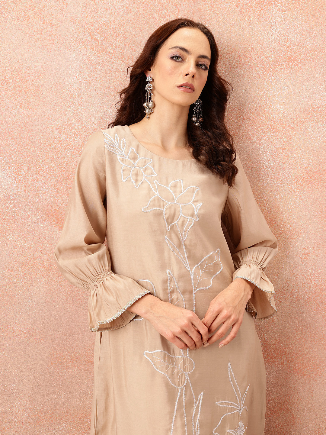 

all about you Floral Embroidered Regular Gotta Patti Kurta with Trousers, Beige
