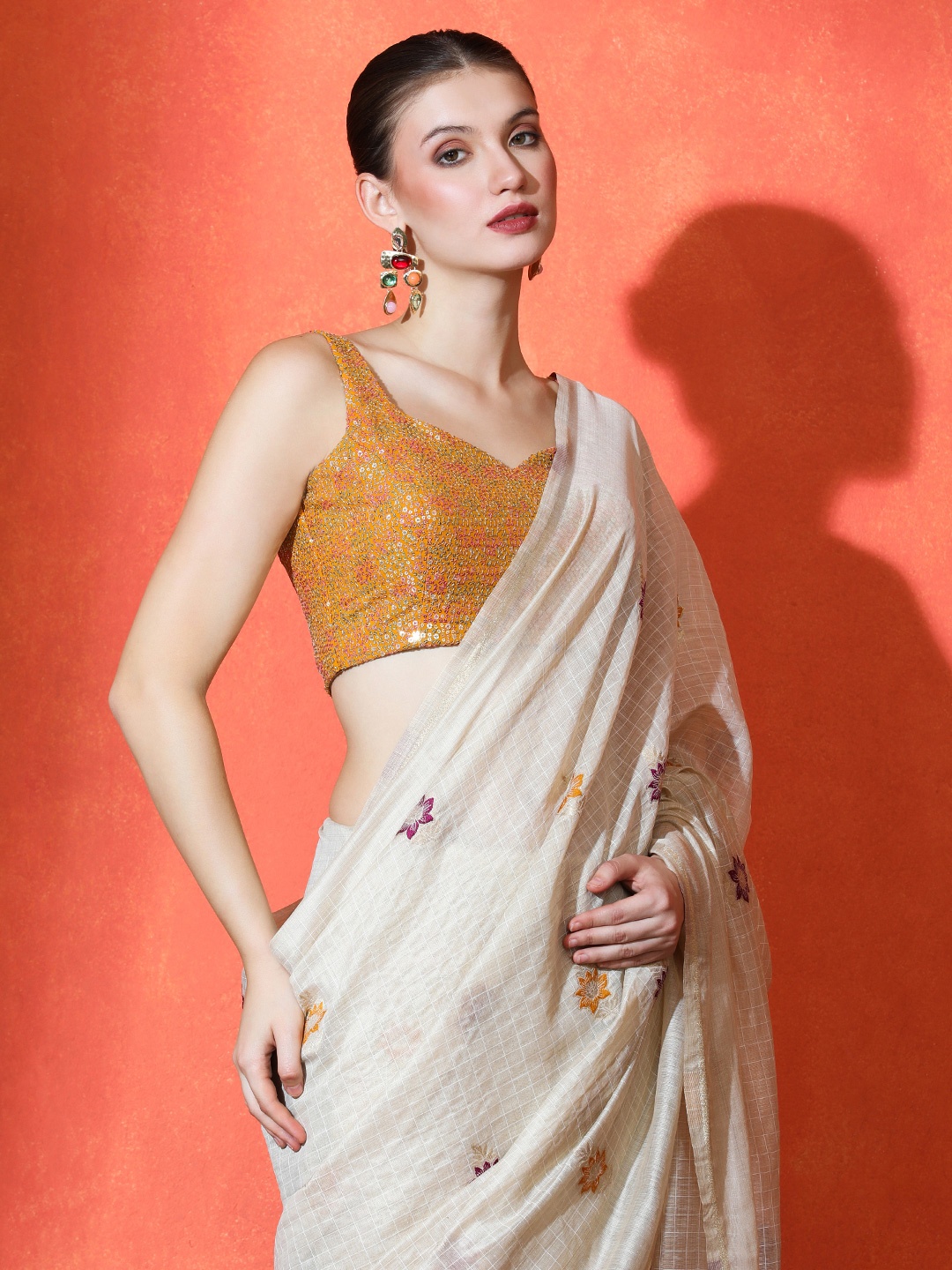 

SARHA Woven Design Cotton Saree, Cream