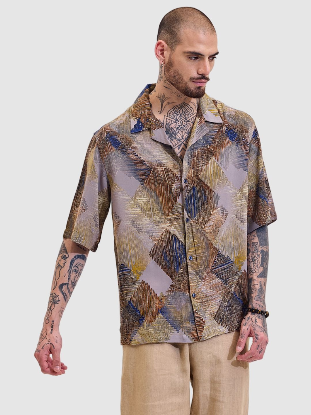 

Snitch Men Comfort Boxy Fit Cuban Collar Abstract Printed Casual Shirt, Brown