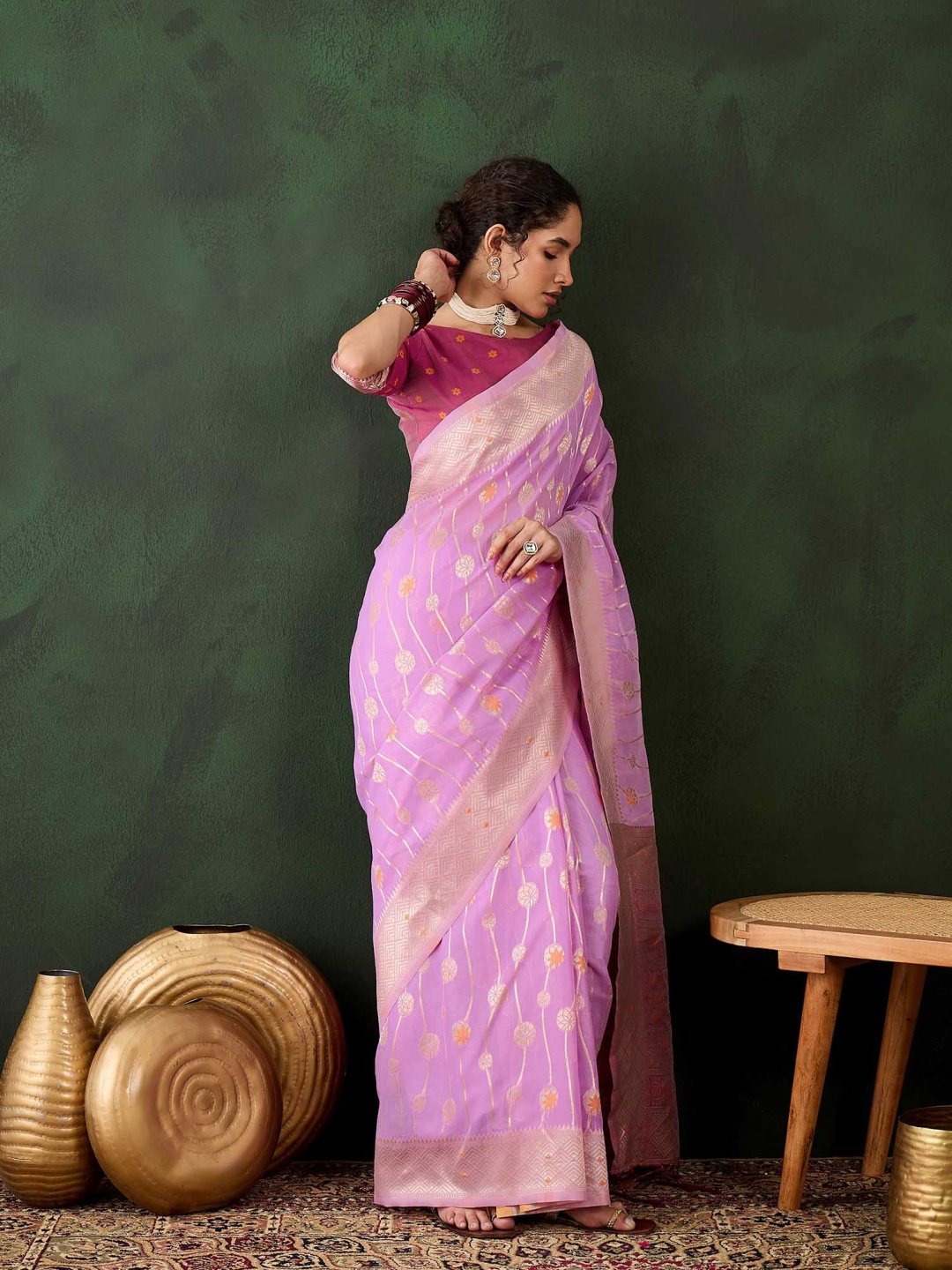 

DEVATITHI Woven Design Zari Lavender Poly Cotton Saree