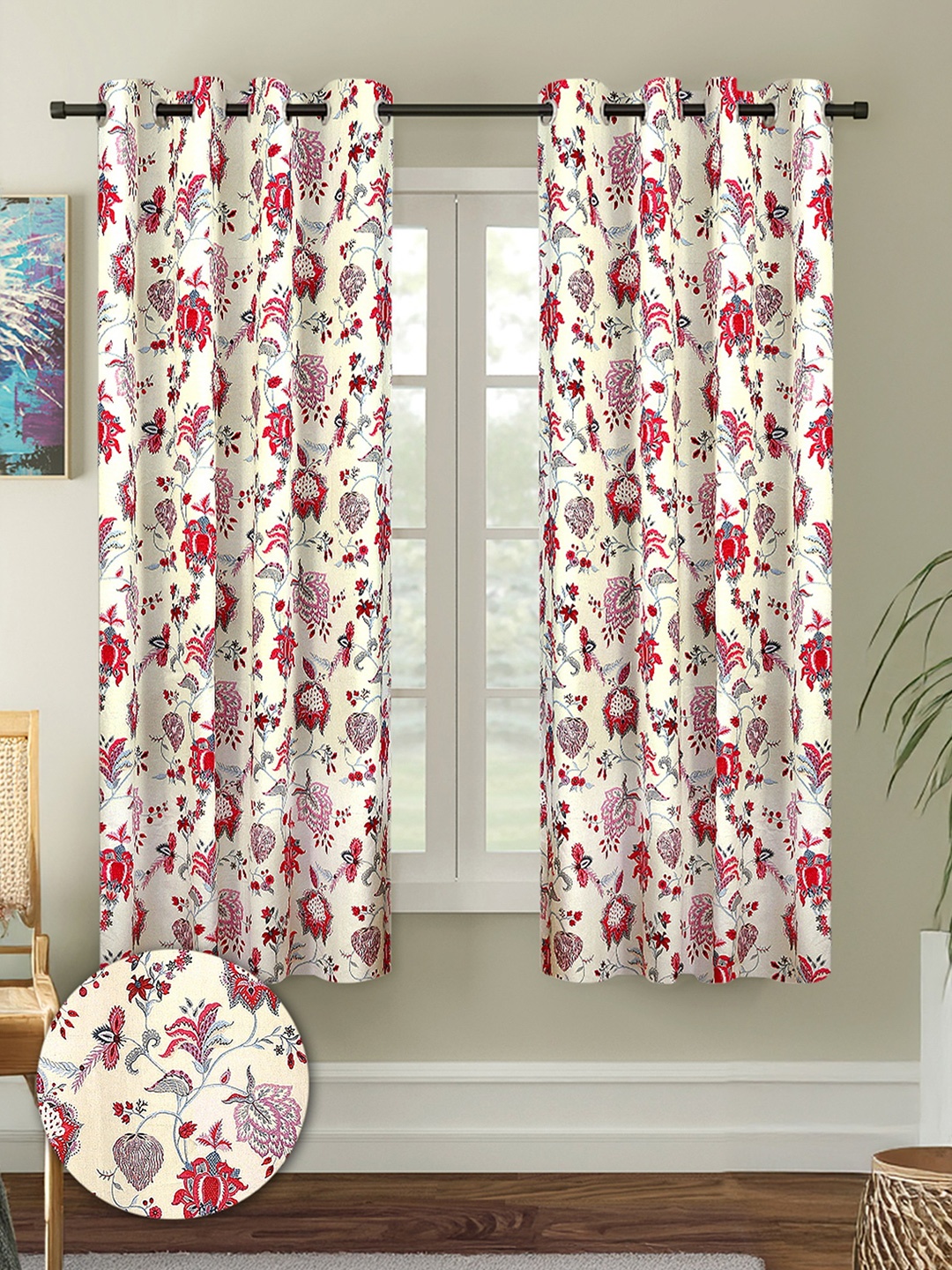 

Cortina Red & Blue 2 Pieces Floral Printed Cotton Window Curtains