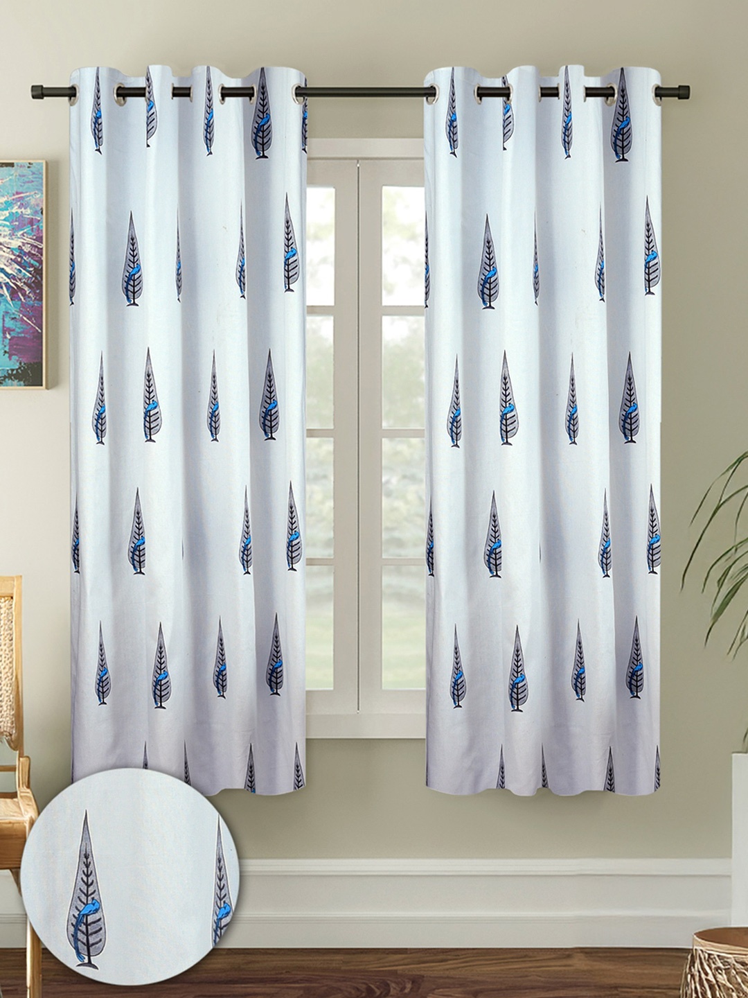 

Cortina White & Grey 2 Pieces Floral Printed Cotton Window Curtains