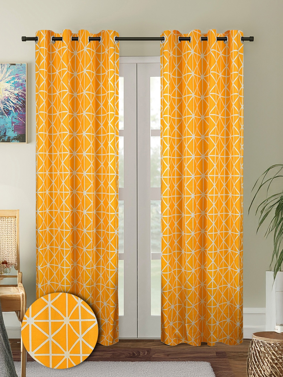 

Cortina Mustard & White 2 Pieces Geometric Printed Cotton Long Door Curtains